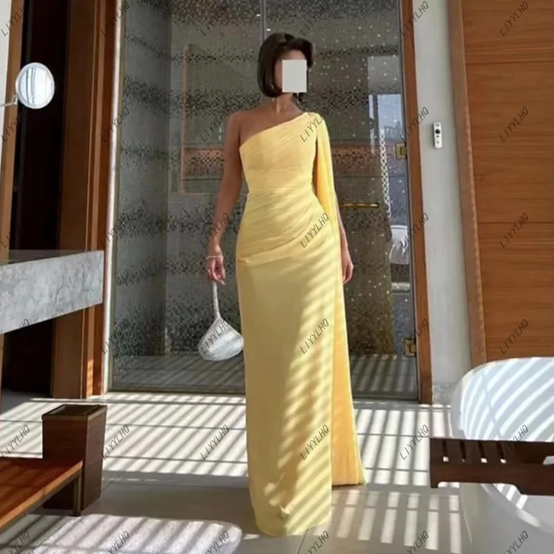 

LIYYLHQ Yellow Chiffon Prom Dresses One Shoulder Flutters Pleated Sheath Floor Length Formal Occasion Dress Vestidos De Noche