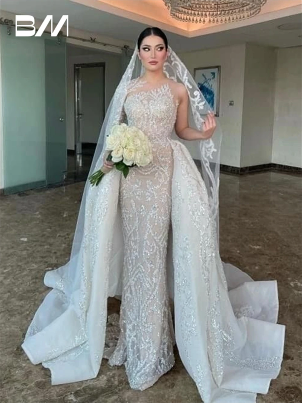 

Illusion Single Sleeve Wedding Gown Beaded Mermaid Bride Dresses For Women 2024 Luxury Sequins Wedding Dress Vestidos De Novia