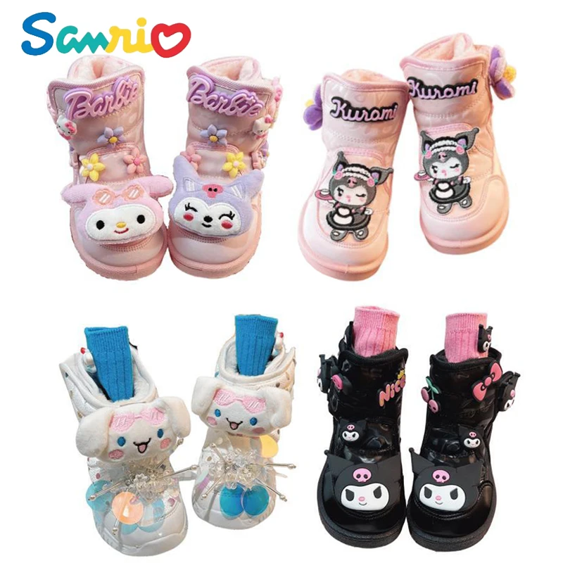 Anime Sanrios My Melody Cinnamoroll Kuromi Velcrokids Snow Boots Plus Velvet Thickened Anti-Slip Waterproof Mid-Calf Cotton Boot