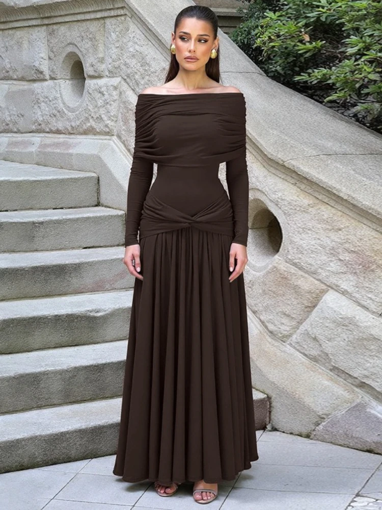 เดรสยาวทรงพลีทคอเฉียง ดีไซน์หรูหราจาก FDYOUI สำหรับผู้หญิง ฤดูใบไม้ร่วง 2025 แขนยาว แต่งระบาย  ชุดเดรสออกงาน ชุดราตรีสำหรับงานพรอม