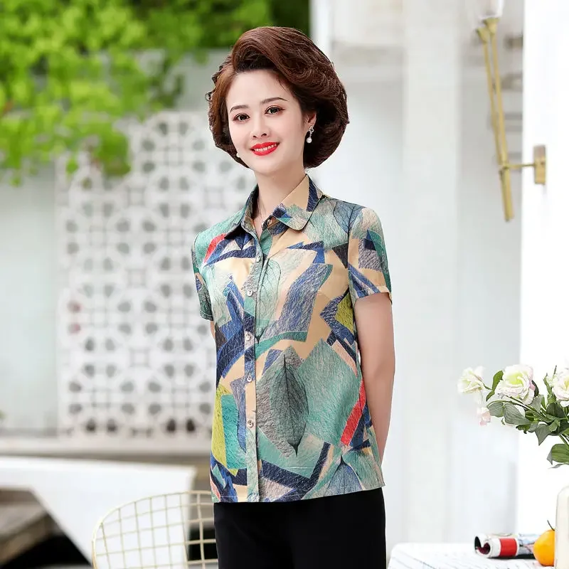 

Women's Printed Shirt Top for Women Mother Dressed Short-sleeved Middle-aged and Elderly