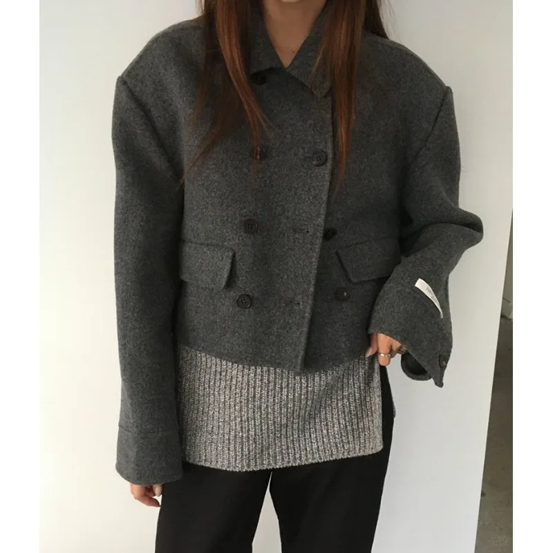 

Women's Woolen Jaet ort Double-breasted Lapel Slim Fit Retro Sle Pure Color East Gate Faion Small Size Top Coat