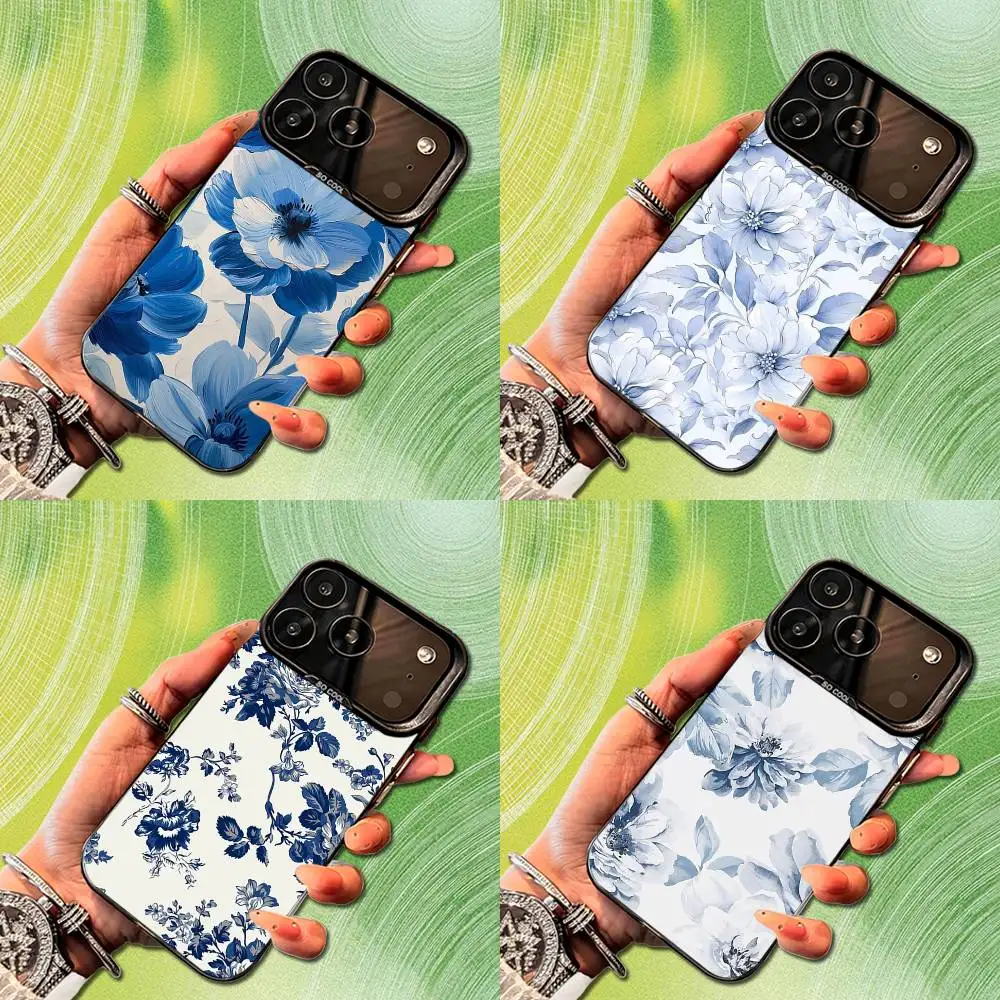 Чехол для телефона с синей художественной цветочной росписью для iPhone 14,17,13,12,11,16,15, Mini, Pro, SE, XS, MAX, черный матовый силиконовый чехол