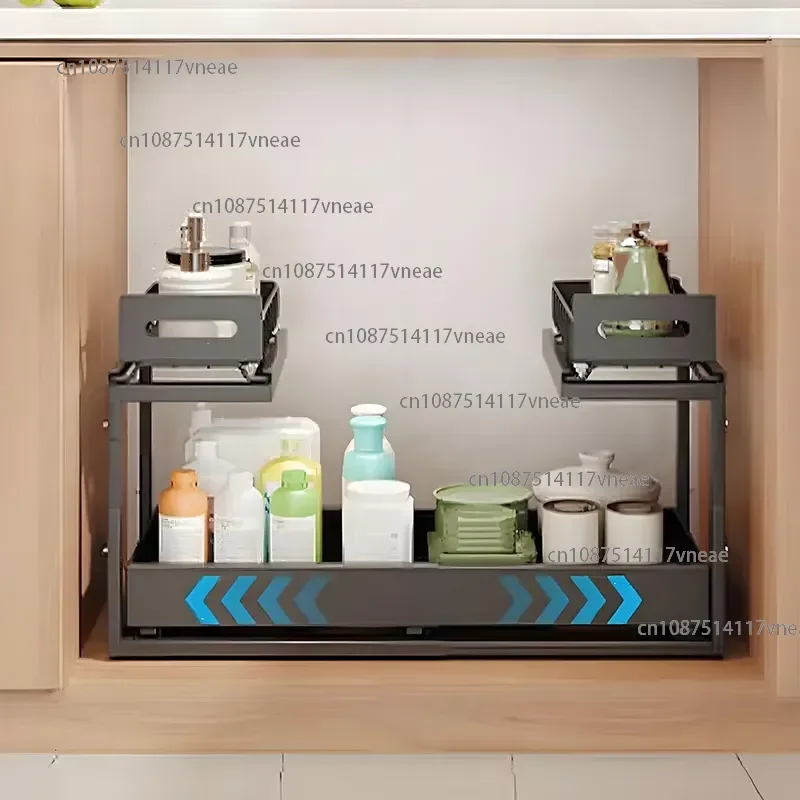 Double Eco-Friendly Modern Kitchen Scalable Pull Sink Organizer Metal Sliding Shelf Adjustable Drawer Storage Basket Cabinet
