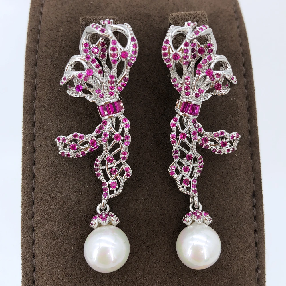 

Missvikki Luxury Skeleton Bowknot Pearl Pendant Earrings For Women Wedding Party CZ Engraving Bridal Earrings Fashion Jewelry