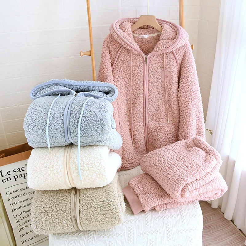 

New Flanner Pajama Hooded Zipper Sleeping Sleepwear Winter Sleepwear Set 2 Pcs with Pants Nightie Warm Pajamas Pyjamas Women