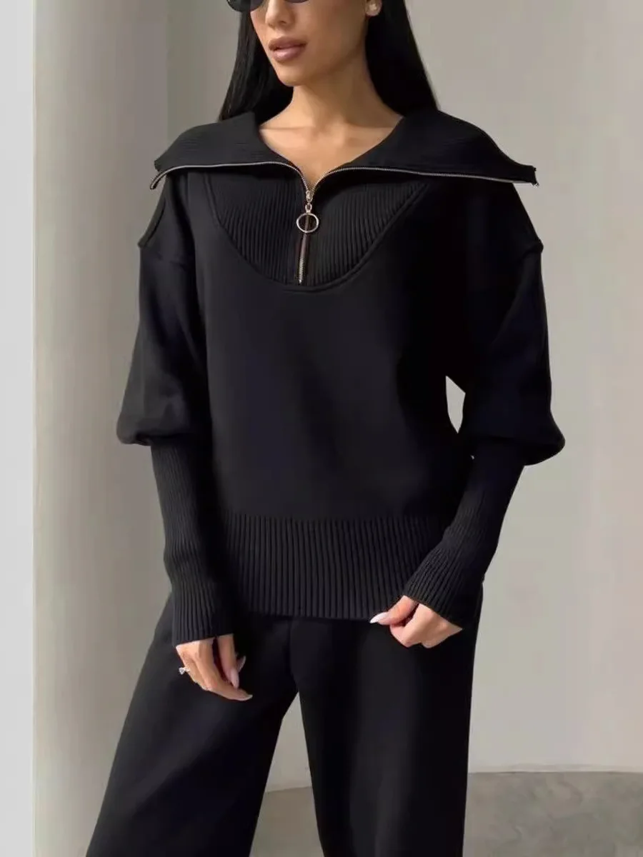 

Модный женский осенне-зимний повседневный комплект из толстовки и брюк, длинный комплект све для поездок на работу, однотонный костюм из двух предметов