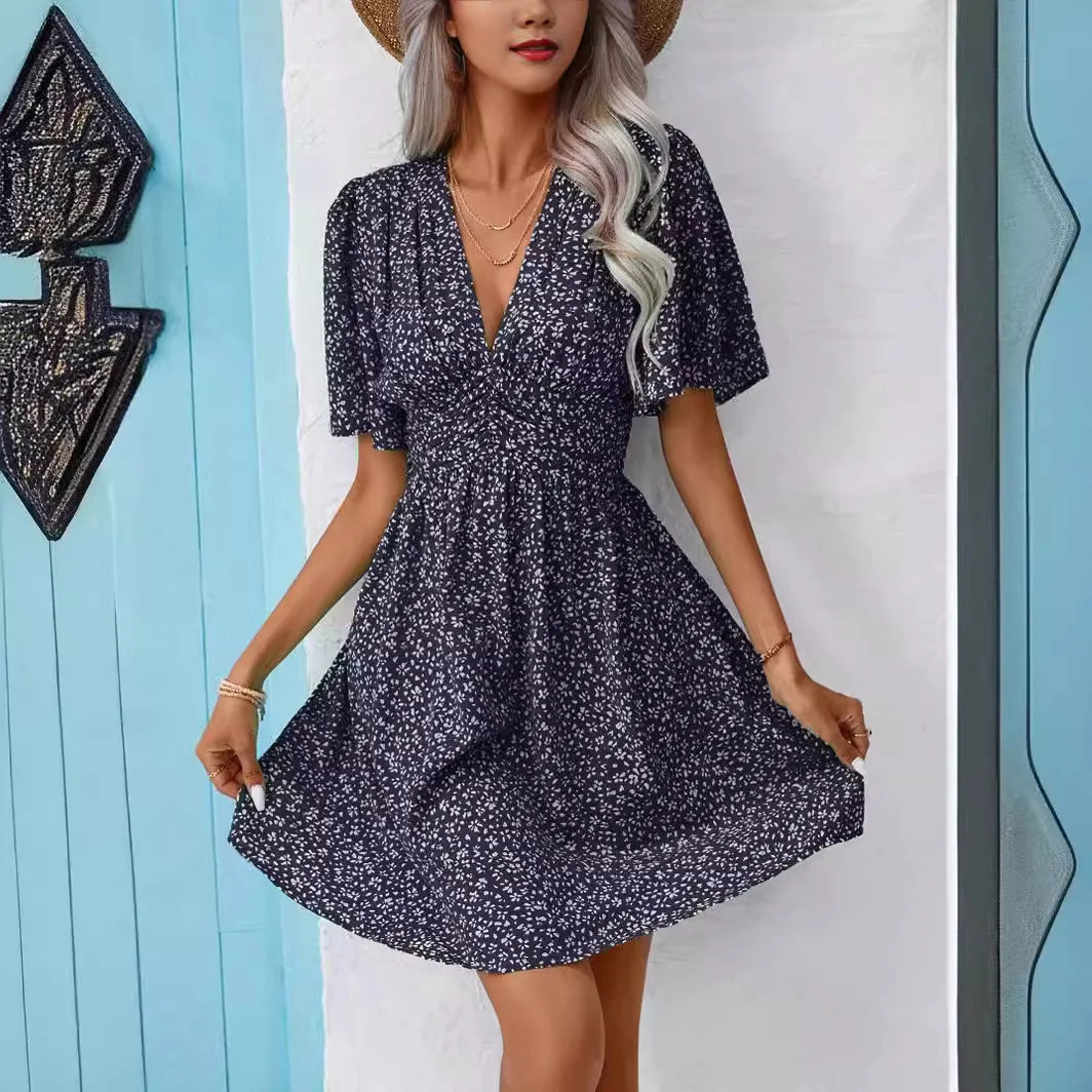 

Boho Floral Print Women Dress 2024 Summer Sexy V Neck Short Sleeve A Line Chiffon Mini Dresses Beach Vacation Sundress