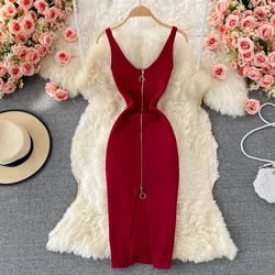 Zipple  2023 Sexy Summer Knit Strap Dress Women Tank Elatic Waist Bodycon Sundress Female Beach Split Backless Midi Dress