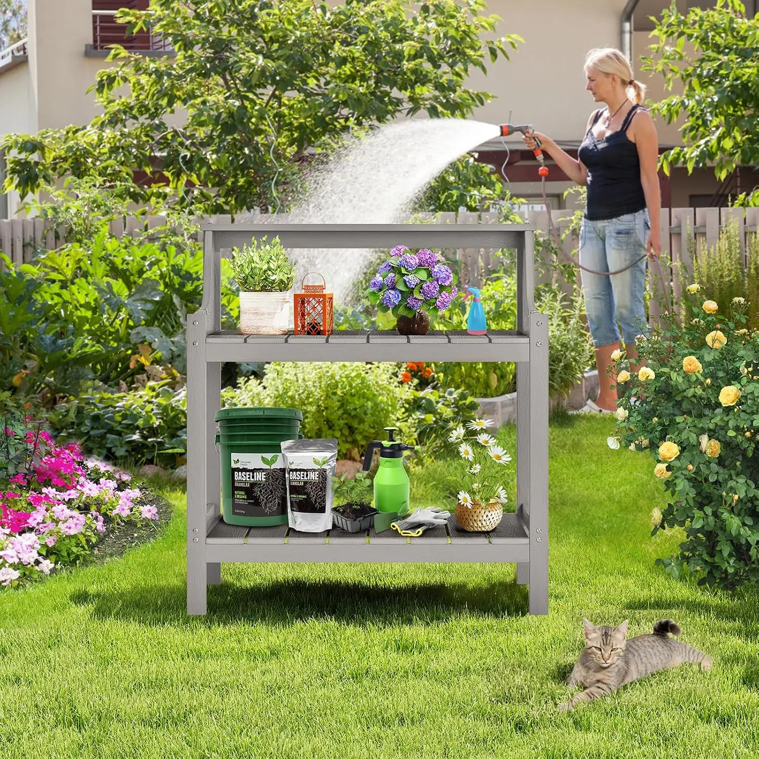 Grey Garden Work Table Potting Bench HDPS Plastic Wood 3 Tier Shelves Removable Hooks Stainless Screws Outdoor