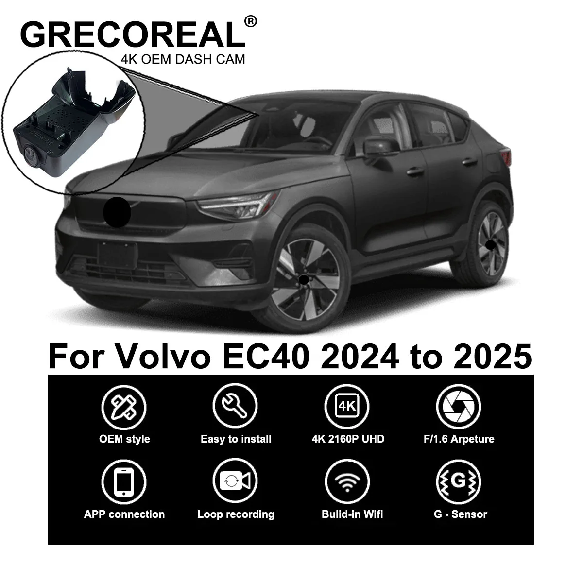 

GRECOREAL 4K Dash Cam Front and Rear 2160P WiFi Car Dual Dashcam APP Control Easy Install Plug Play Compatible with Volvo EC40