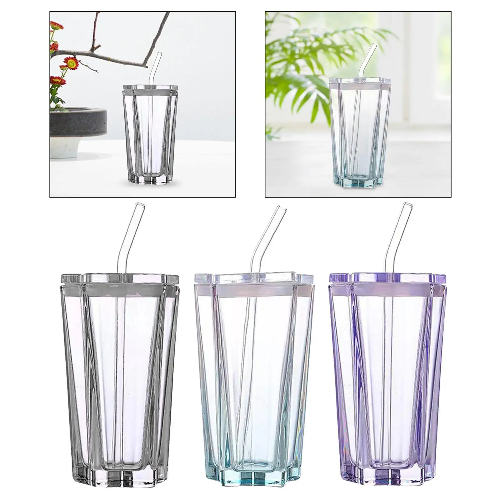 Five-pointed Star Glass Cup Transparent with Straw Coffee Mug Water Drinking Cup for Festival Restaurant Home Cafe Cold Drink