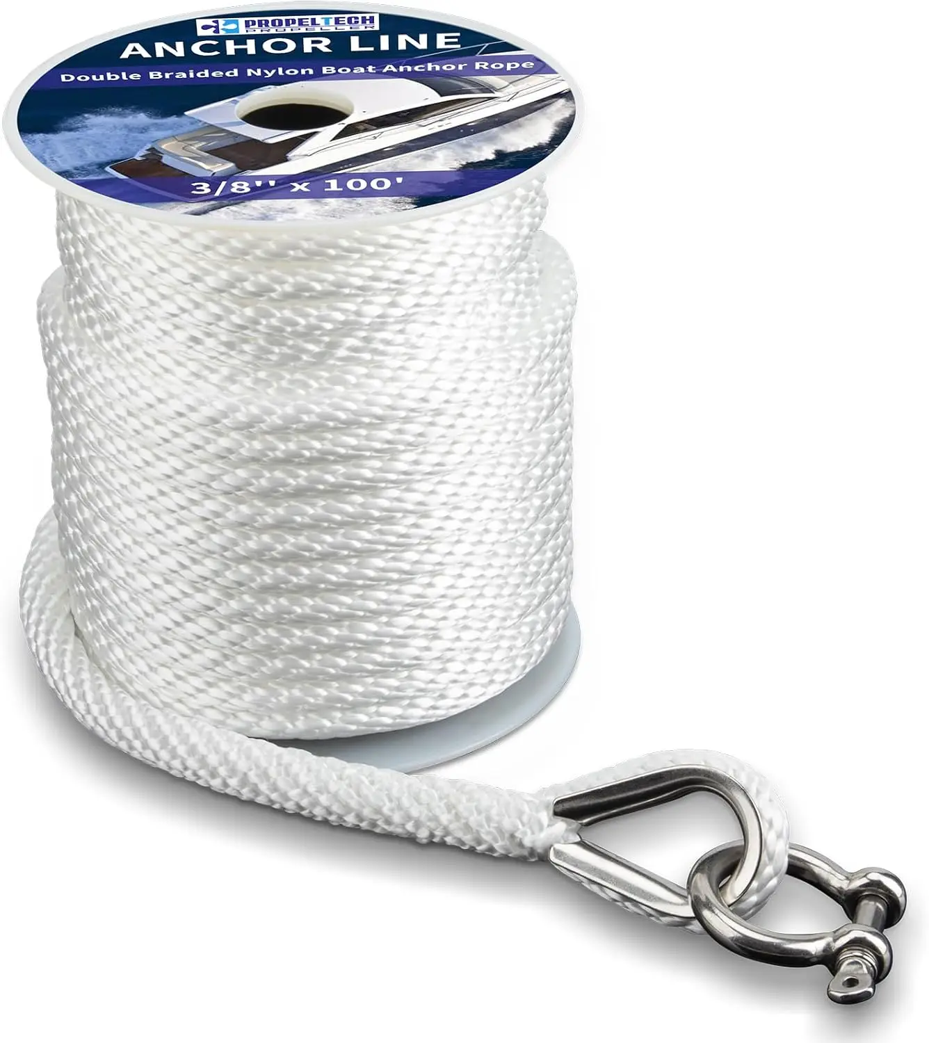 

Premium Solid Braid MFP Boat Rope, 3/8" x 100' White Anchor Line with Stainless Steel Thimble & Shackle