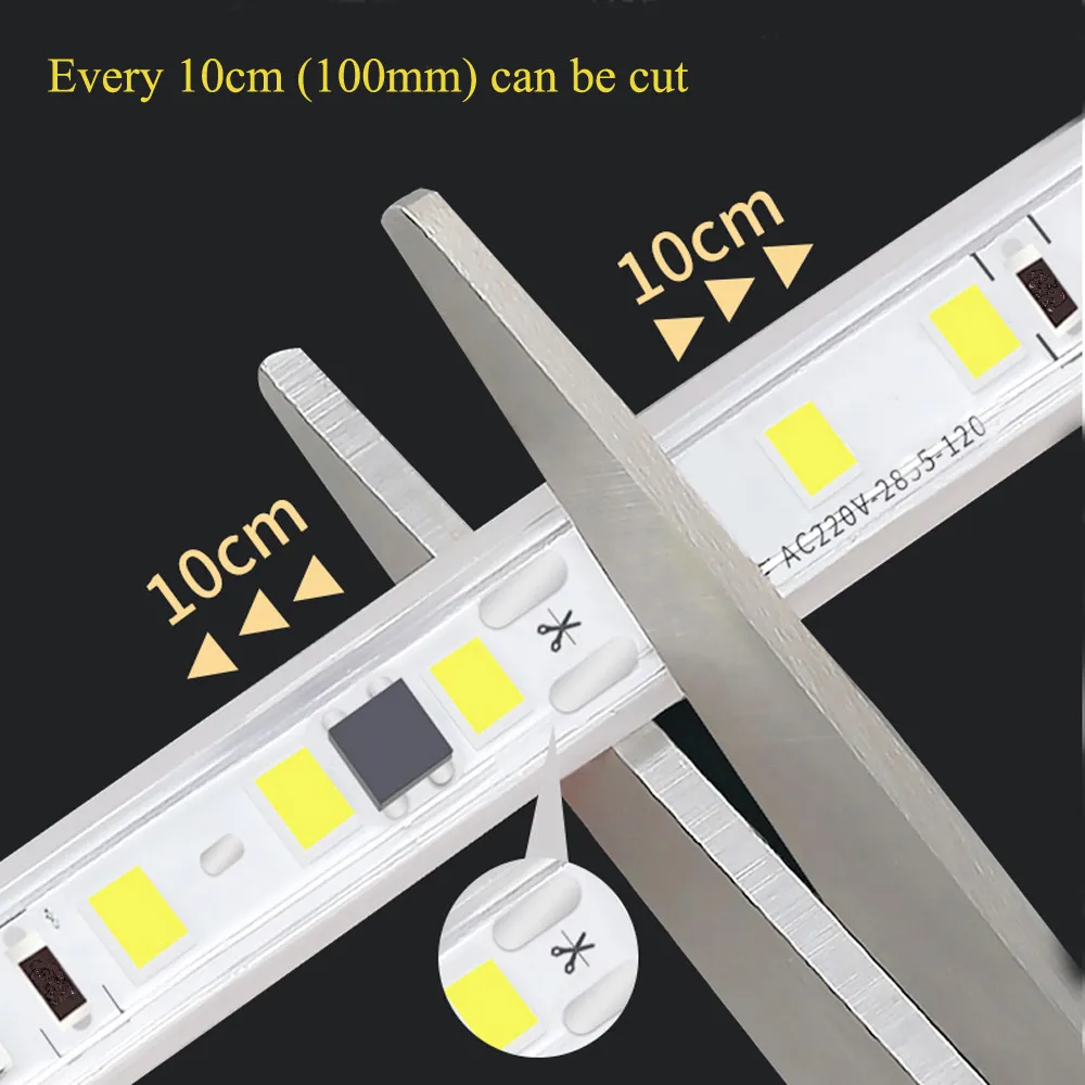 120LED/m LED Strip Light 220v Flexible&10cm Cuttable Soft Lamp Bar 2835 Tape Adhesive EU Plug Vanity Cabinet Wardrobe Home Decor