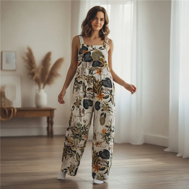 Plus Sizes Jumpsuit For Women Leaf Floral Print Square Neck beige black deep blue yellow floral print Long rompers For Women