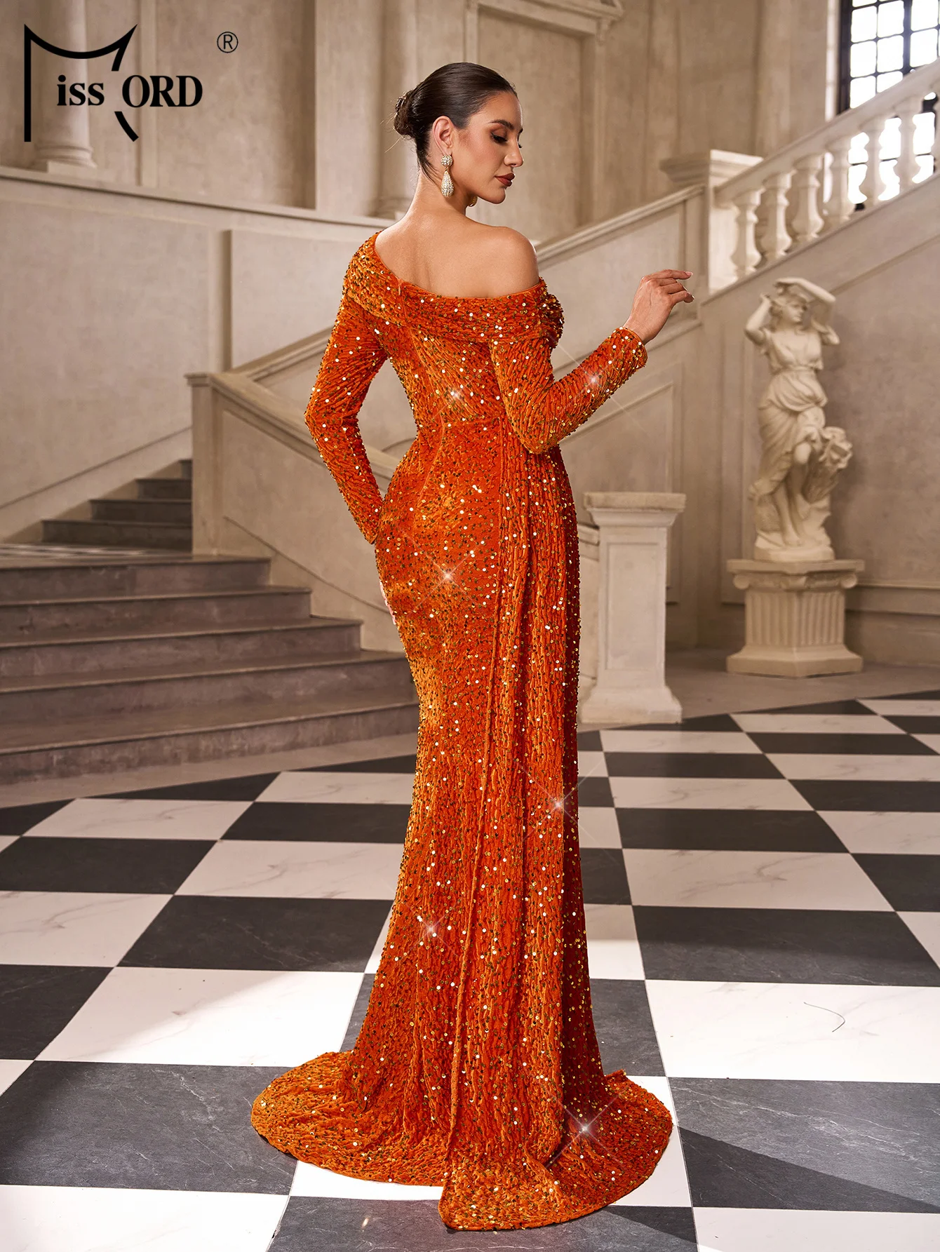 Missord nouvelle robe de soirée asymétrique à manches longues à paillettes fendue fête d'anniversaire de mariage élégante belle robe de remise des diplômes pour femmes