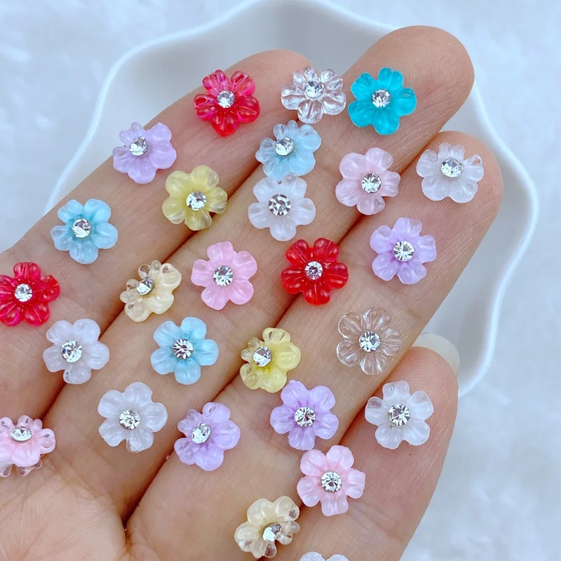 50Pcs New Cute Mini 7mm Diamond Flower Shape Series Flat Back Manicure Parts Embellishments For Hair Bows Accessories