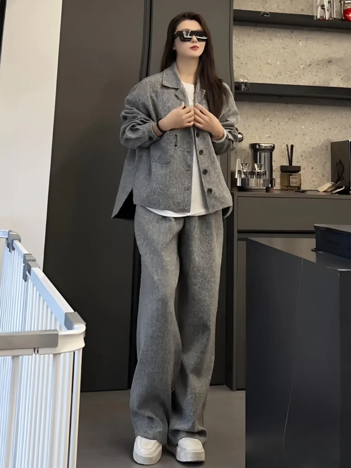 

Spring Casual Fashionable American Brand Men's And Women's Checkered Suit Two-Piece Set Long Pants with Collar Jacket