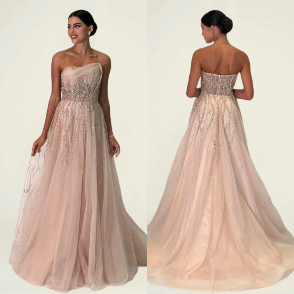 

Customized Pleat Sequined Strapless A-line Floor-length Bespoke Occasion Engagement Women Evening Elegant Party Wedding Glitter