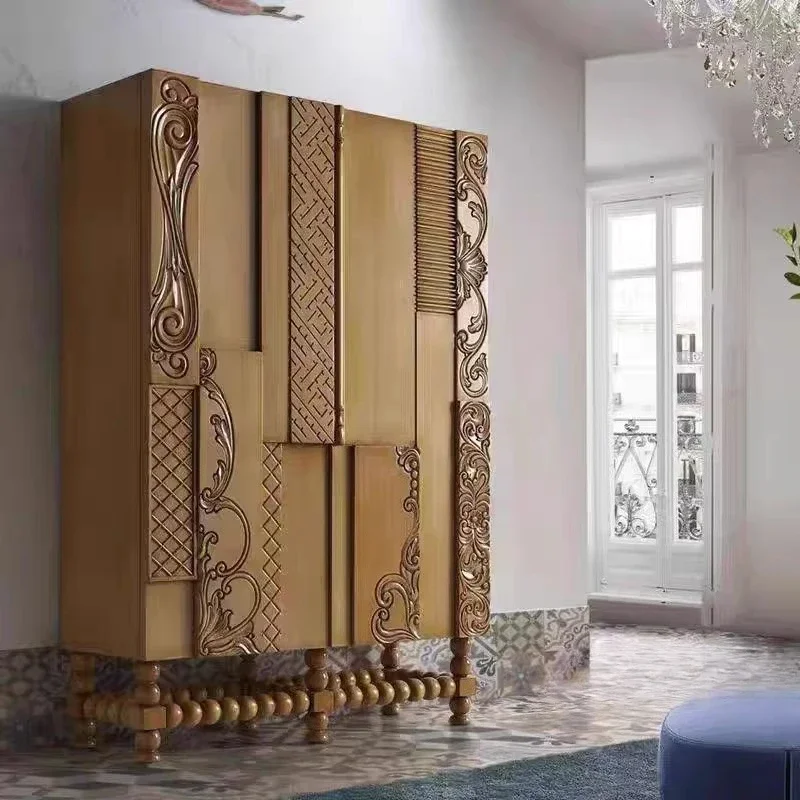 

French retro solid wood bookcase living room modern simple ash wood carving flower display cabinet H