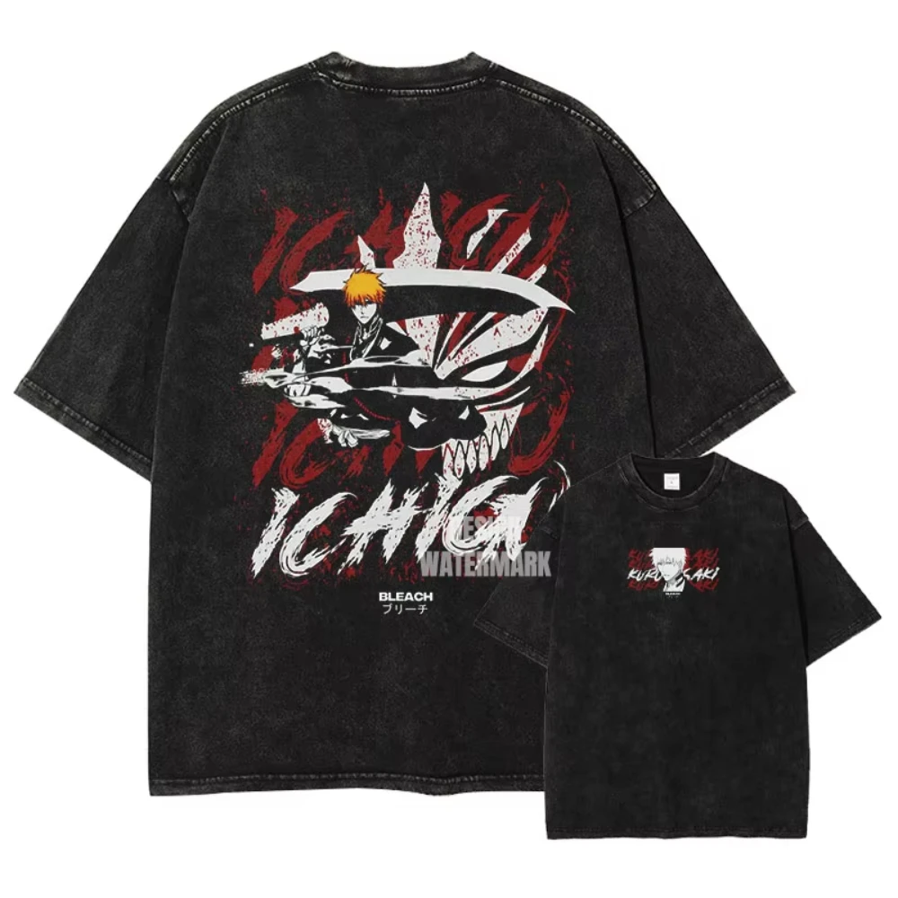 2026 Summer BLEACH Ichigo Kurosaki Double Sided Print T-Shirt, Vintage Washed Cotton Loose Casual Oversized Tee for Adults Y2K