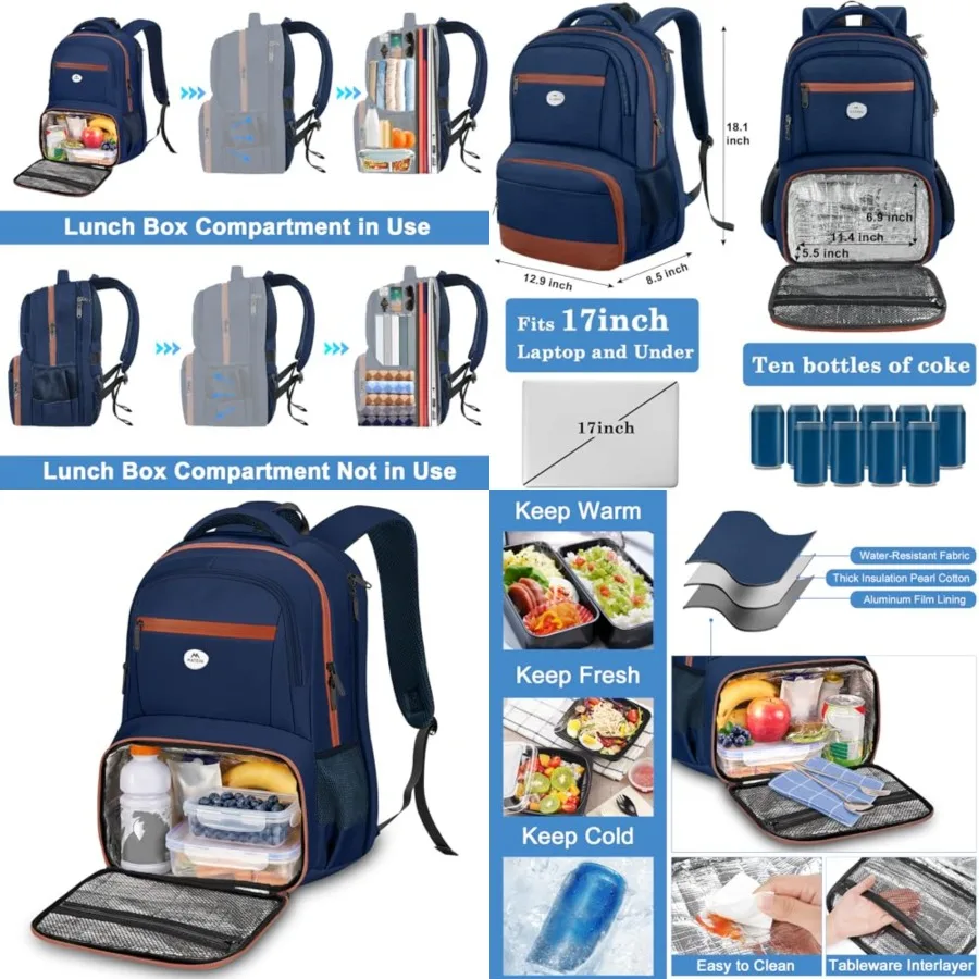 

Laptop Backpack with Lunch Compartment, Large sulated Lunch Backpack for Men with Padded Straps, Water Resistant Sturdy TSA Wor
