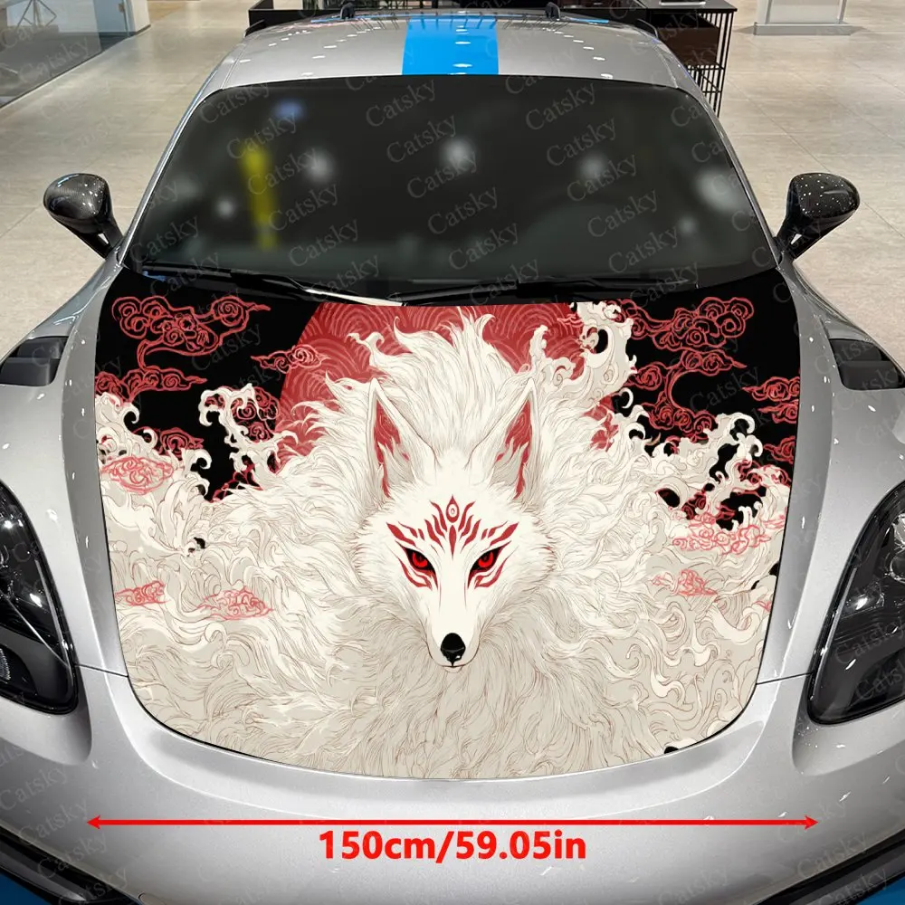 Red Pattern Nine-Tailed Fox Car Vinyl Wrap, PVC Waterproof Car Hood Sticker, Self-Adhesive Scratch-Resistant Stickers