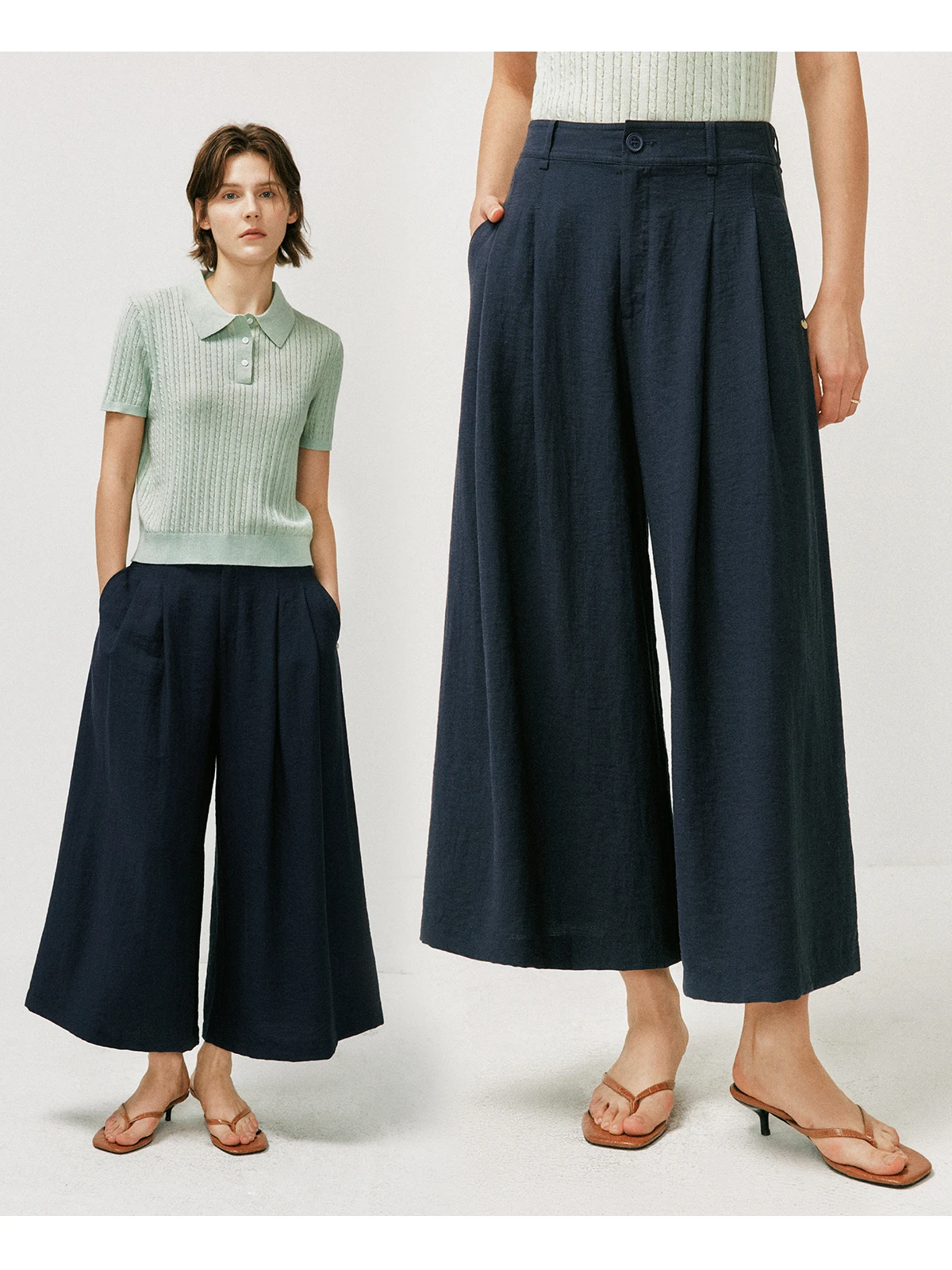

Casual Wide Leg Pants High Waist Button Closure Blend of Linen Fabric Half Elastic Waist Crepe Texture Women's Summer Fashion
