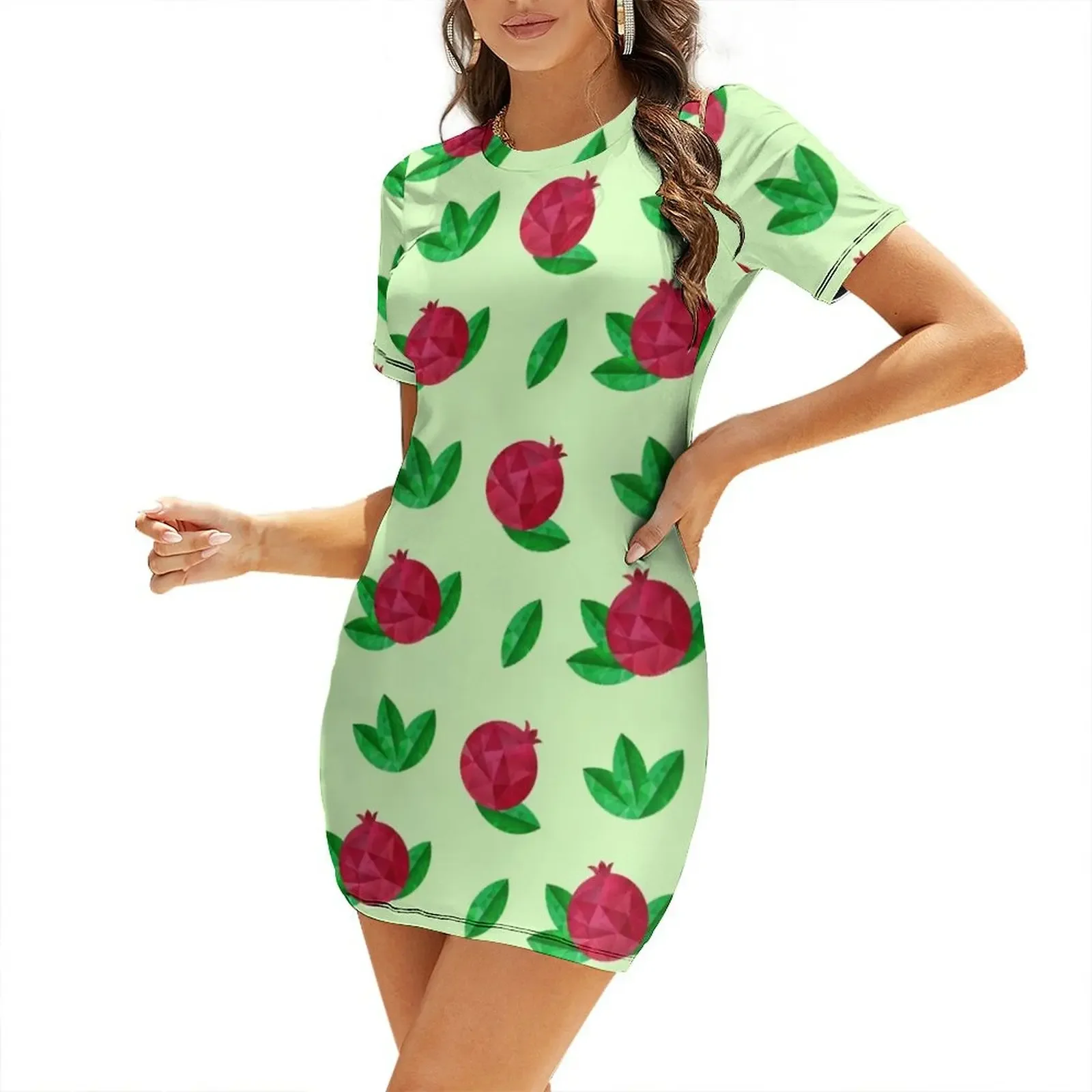 

Red pomegranates with green leaves Short-Sleeved Dress elegant guest wedding dress Woman clothes