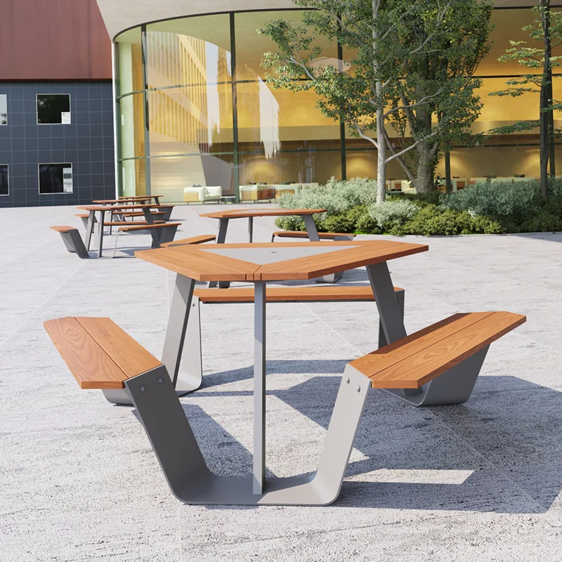 Outdoor canteen tables and chairs Modern simple courtyard One-piece long dining table Public places Park Open-air sun protection