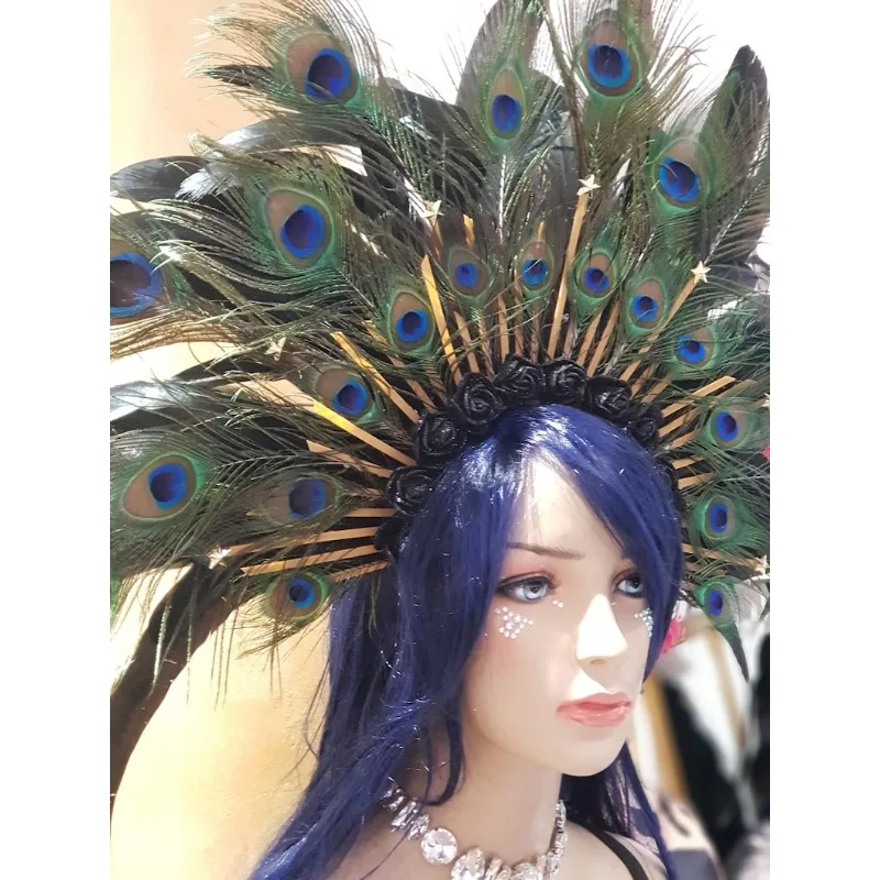 Peacock Feather Headdress Gold Sunburst Large Statement Crown for Music Festival Gatsby Party Boho Wedding boho bride headpiece