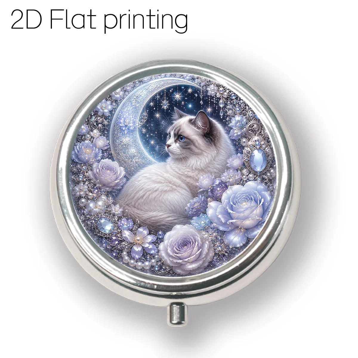 Moonlight Jewelry Series: Moonlight Floral Cat Pattern Three-Compartment Portable Pill Box, Vitamin Storage Box, Suitable for Handbags or Purses, Small Multifunctional Metal Pill Box for Jewelry Storage, Essential Travel Storage Box, Unique Holiday Gift Option, Flat Printing