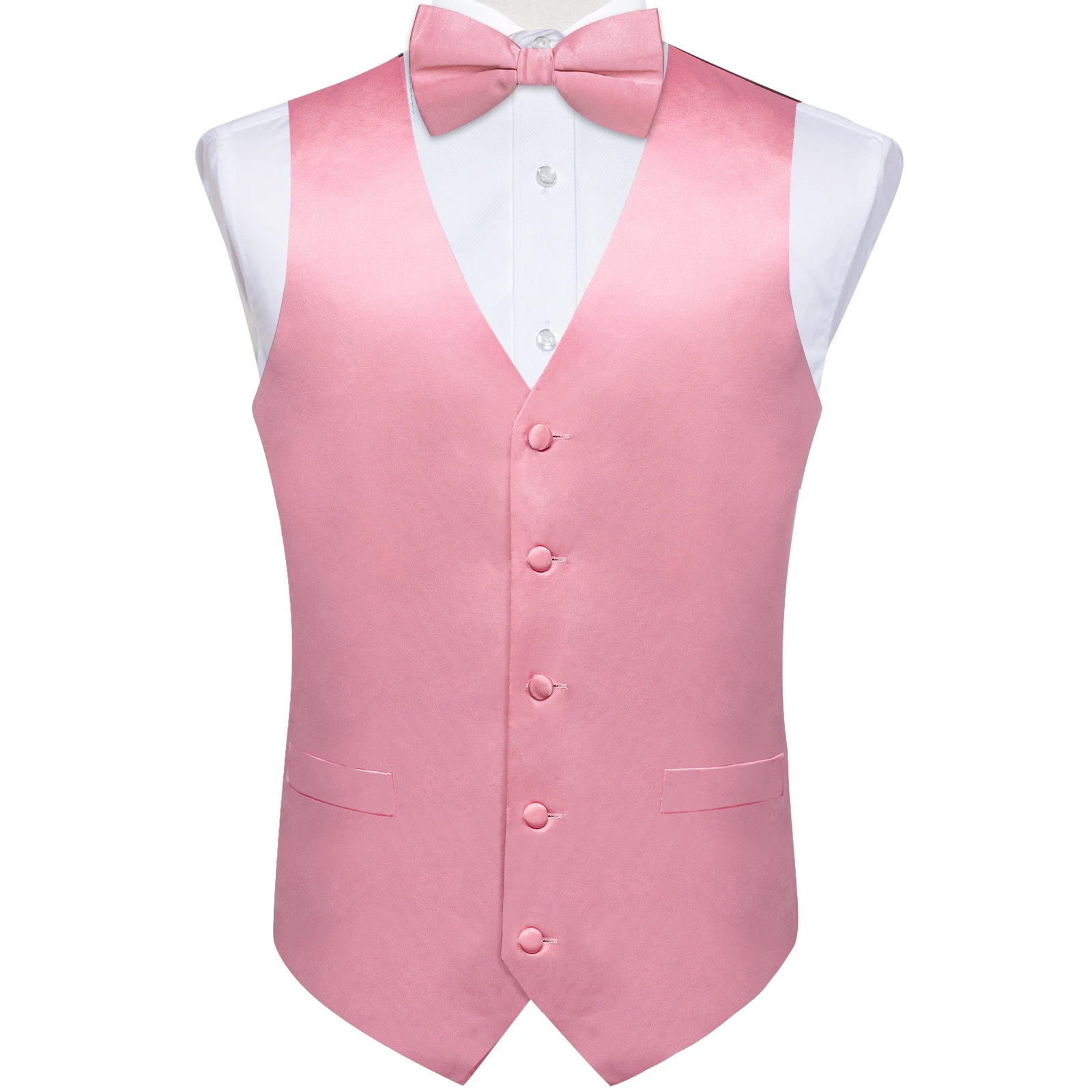 Solid Pink Unique Men's Vest with Satin Bowtie Sets Novelty Sleeveless Waistcoat for Man Accessories Business Pre-tied Bow Tie