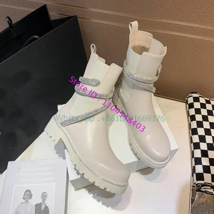 

Design Luxury Thick Sole Round Toe Leather Ankle Boots New Slip On Lady Rhinestones Snake Chelsea Boots Women Fashion Boots