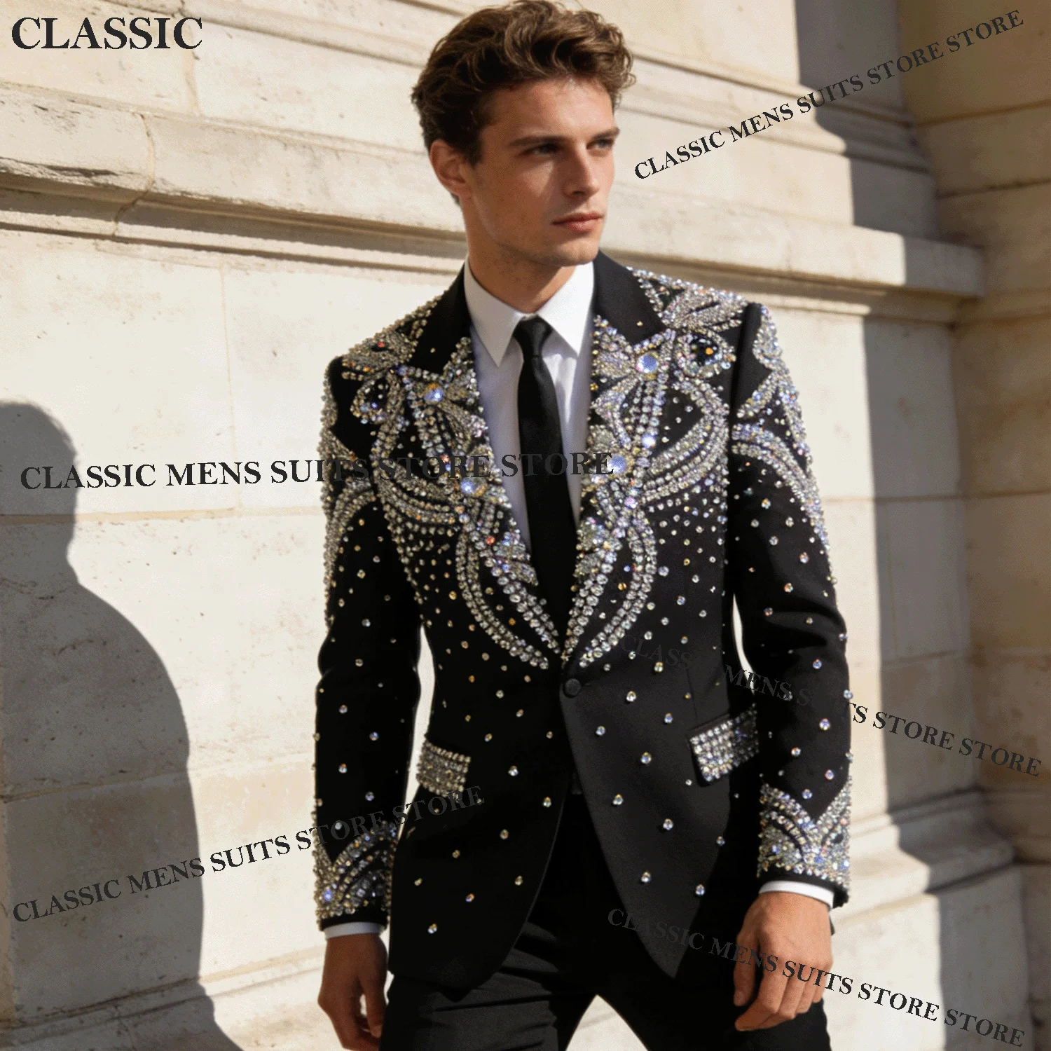 

Glitter Rhinestone Crystals Men Suits Groom Tuxedos Customized Wedding Male Party 2 Pieces Sets Blazer Peaked Lapel Ropa Hombre