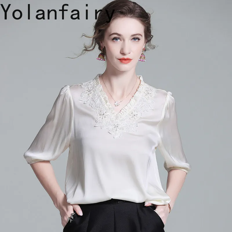 YOLANFAIRY High Quality 95% Mulberry Silk Shirts Woman Summer 2026 Elegant Lace Tee Shirt Femme High-end Fashion Blouses Tops