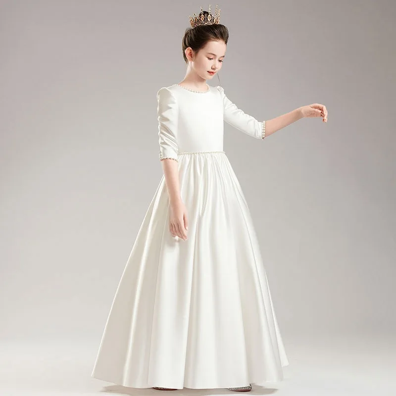 Children's Evening Dress White Mid-Sleeve Girls Birthday Flower Girl Dress Little Girl Host High-End Piano Performance Princess