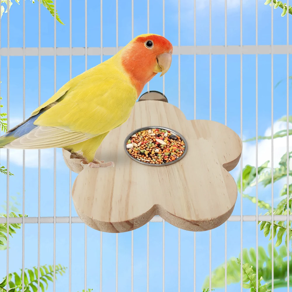 1pc Wood Bird Stand Board with Stainless Steel Bowl Feeder for Small Animals Pet Bird Parrot Cage Hanging Springboard Feeder Toy