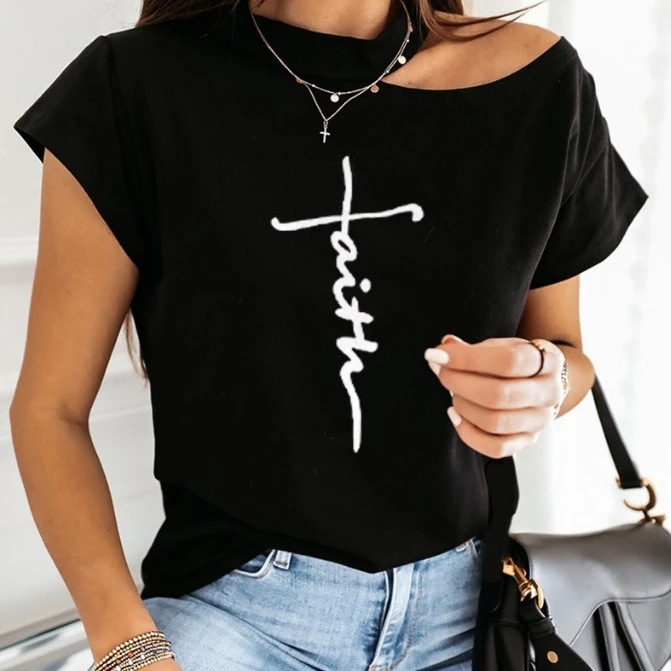 

Women's Tee Tops Casual 2024 Summer Fashion OTTD Faith Print Round Neck Cold Shoulder Short Sleeve T-shirt Top