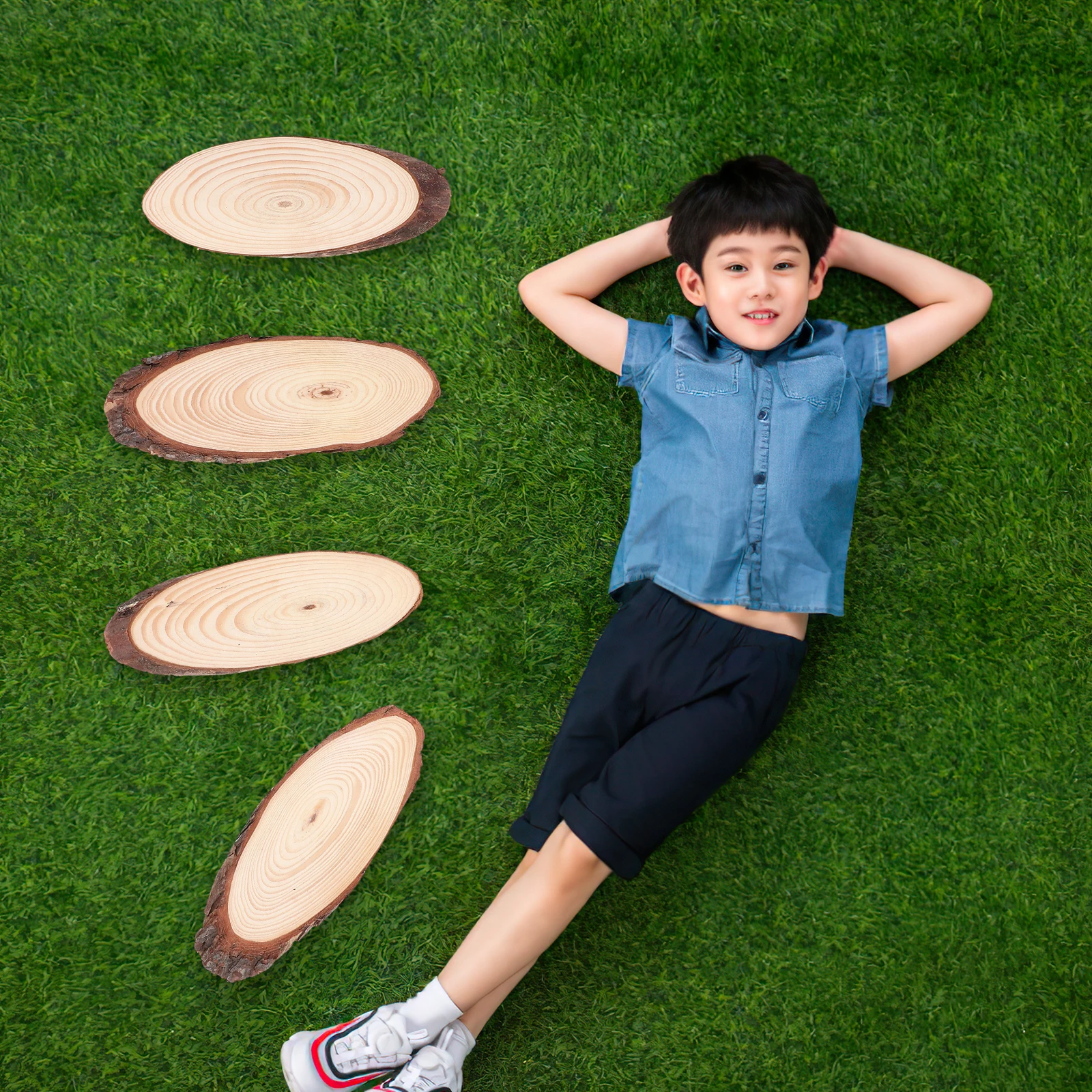 

4 Pcs Garden Stepping Stones Outdoor Walkway Decorative Wooden Paver 25cm x 10cm Ellipse Shape Practical Lightweight Portable