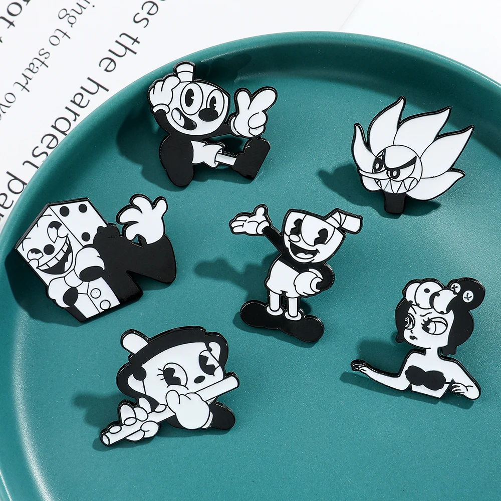 Fashion Cuphead Game Creative Enamel Pins Black White Simple Figure Brooches Metal Lapel Badges Accessories Gifts