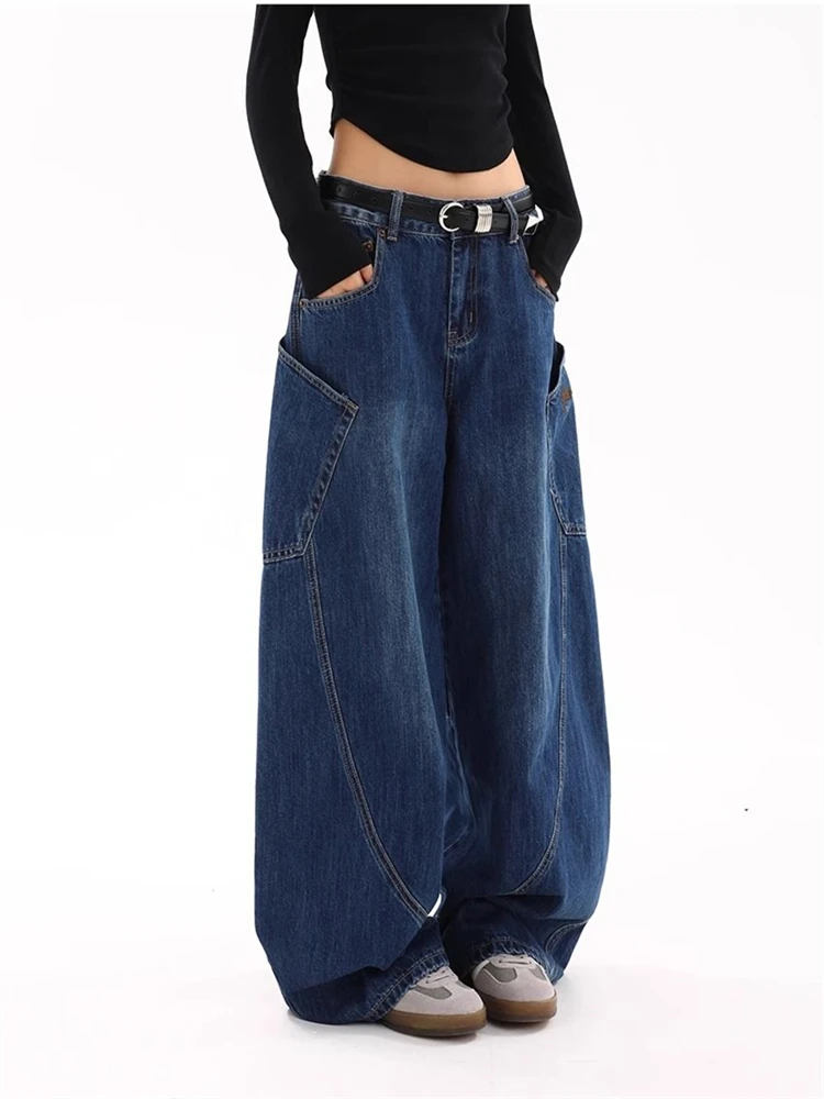 Women's Baggy Wide-leg Blue Jeans Cool Girl Vintage Style Pants Fashion Bottoms Female High Waist Straight Large Pocket Trousers