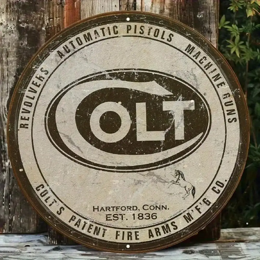 2D Flat Vintage Retro Colt Revolvers Automatic Pistols Machine Guns Hartford 1836 Round Wooden Sign, Wooden Plaque, Man Cave Gar
