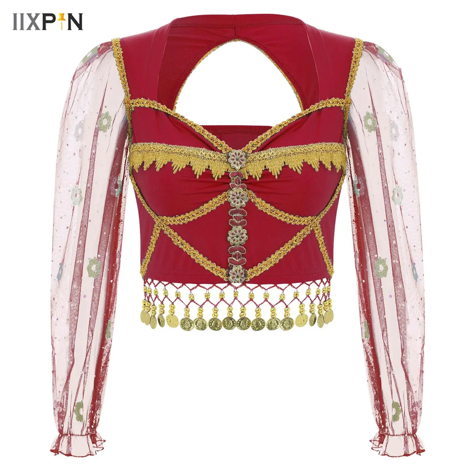 

Womens Belly Dance Crop Top Halloween Princess Cosplay Themed Party Costumes Sweetheart Long Sleeve Tassel Gold Lace Trim Tops