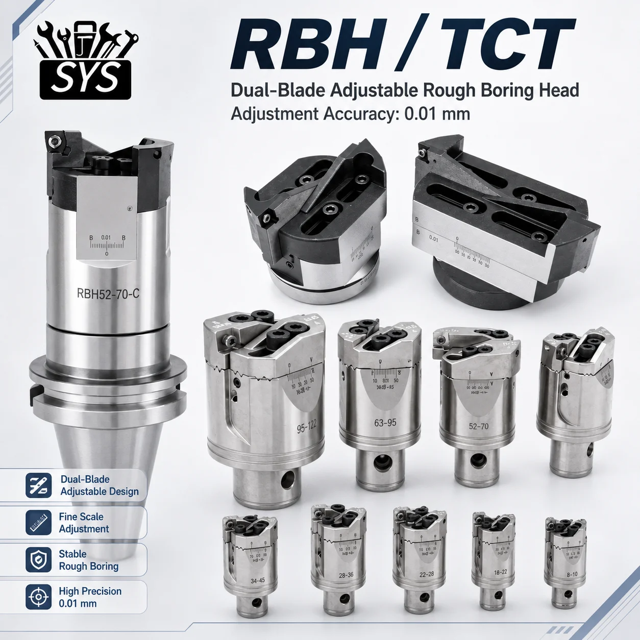 RBH TCT 25-33 32-42 40-55 68-92 RBH TCT Boring Head Adjustable Double-edged BT30 BT40 LBK Rough Boring Head Twin-bit CNC Tool