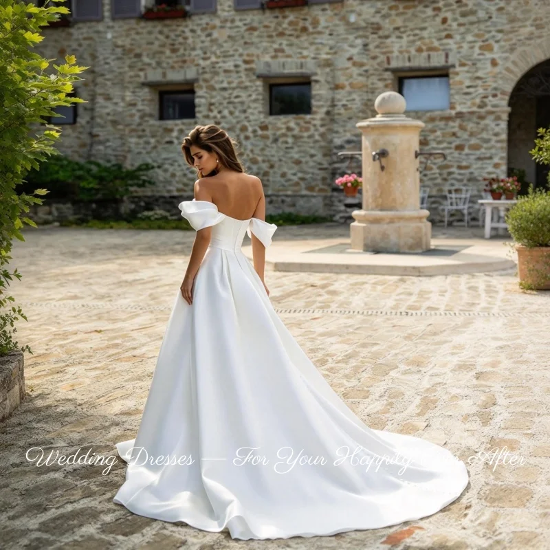Elegant Satin A Line Wedding Dress Off Shoulder Pearls High Split Vestidos De Novia Customized