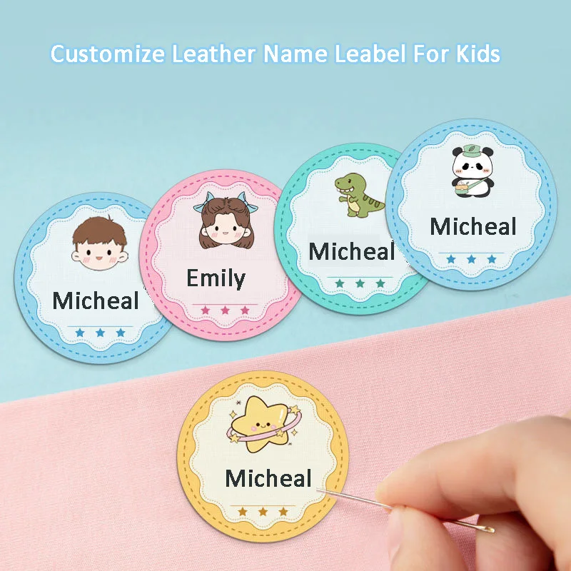 

Customize Name Leather Label Kids School Uniform Garment 5cm Round Washable Bags Garment Sewing Or Ironing Personal Name Labels