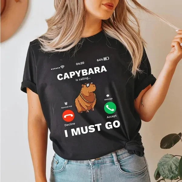 Capybara Is Calling Tees Funny Capibara Rodent Animal Lover Humor T-Shirt Women Men Summer Casual Round Neck Short Sleeve Tops