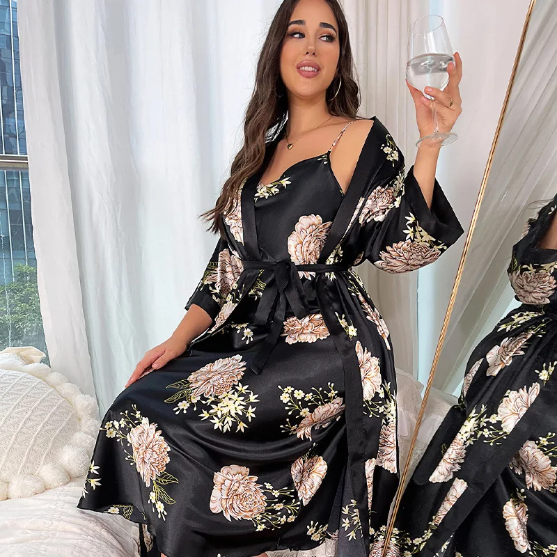 

Fashion Casual Loose Printed Pajama Set Women's Plus Size Long Silk Like Sexy Nightdress Comfortable Lightweight Loungewear