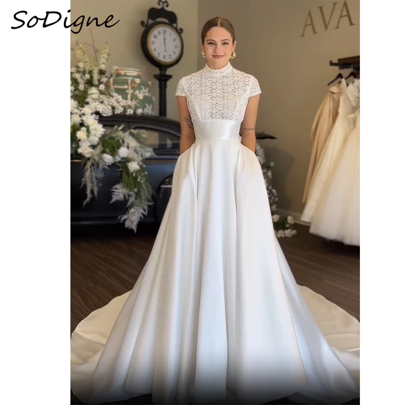 SoDigne A-line Wedding Dresses High Neck Short Sleeves Satin/Lace Bridal Dress Long Wedding Gown Robe De Mairee ﻿Customized